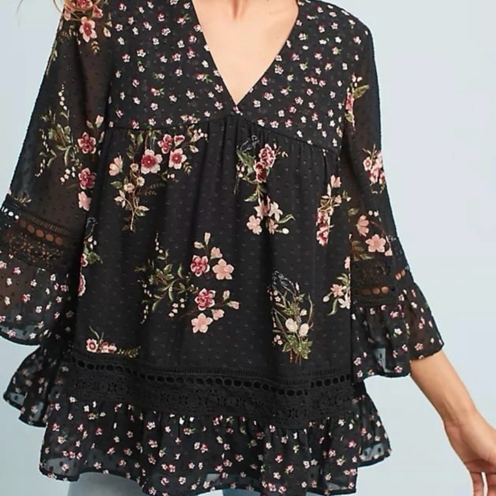 Maeve Black and Pink Ruffled Bell Sleeve Blouse